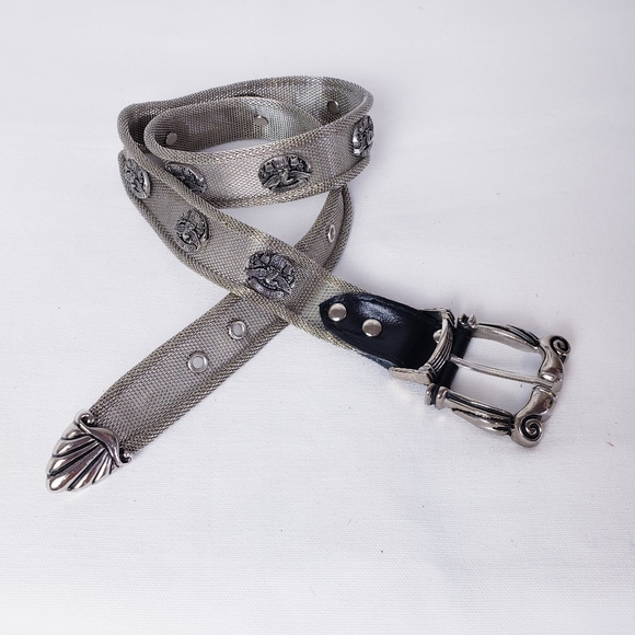 Vintage Accessories - VINTAGE Metal Mesh Leather  Biker Belt Silver Boho